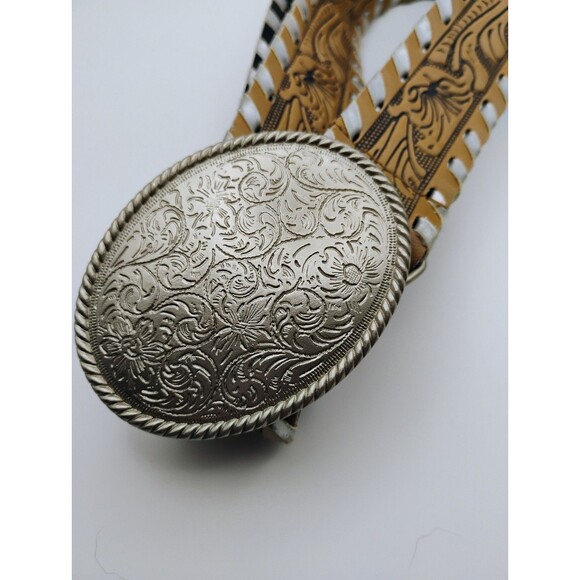 Vintage Western Boys Silver Buckle and Printed Belt sized 14‎ 1/2 - Picture 2 of 5